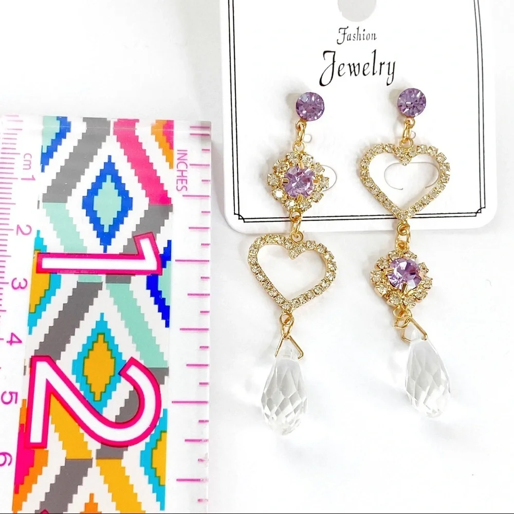 Romantic Hearts Purple Crystal Gold Drop Earrings